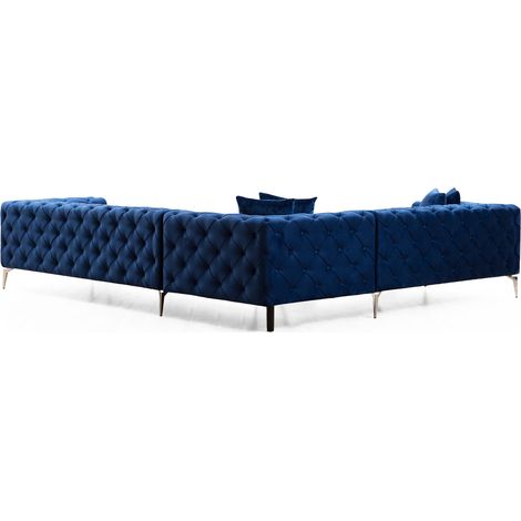 Canapé d'angle droit capitonné velours bleu marine et pieds chromés Herakles 270cm (1/5)