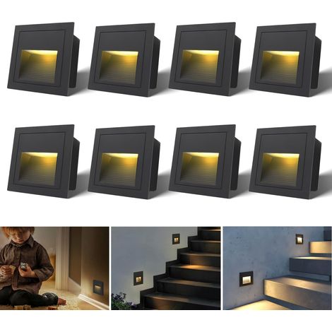 8er 3W LED Lumière d'Escalier avec Détecteur de mouvement 3000K IP44 Encastré Mural Lampe d'éclairage des marches, Spot LED intérieur, noir, alu, 230V, Pas la taille standard 60mm
