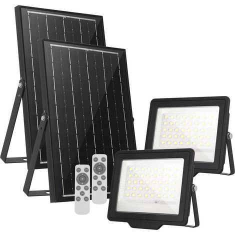 Faro Led 120W Nero con pannello solare IP66 Bianco freddo 6500K Dimmerabile con telecomando e sensore crepuscolare confezione da 2pz Wisdom (1/5)