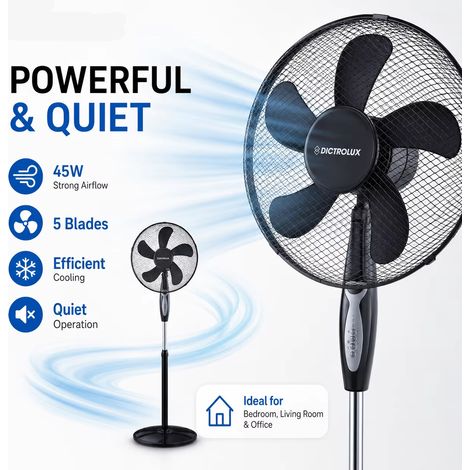 Ventilateur sur Pied Oscillant 45W Ø43 cm avec Télécommande, 5 Pales, 3 Vitesses, 3 Modes, Minuterie, Hauteur Réglable (1/5)