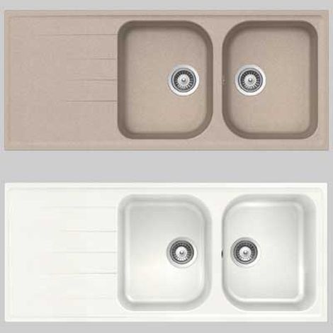 LAVELLO SINTETICO DUE VASCHE + GOCCIOLATOIO INCASSO MOD. LITHOS - Bianco