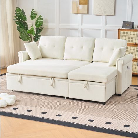 Canapé d'angle convertible 206x130x85 cm en chenille beige, avec rangement pour salon FLORAGRACE (1/5)