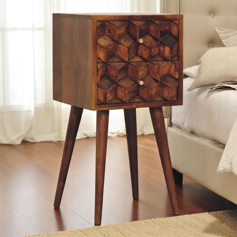 Mini table de chevet carrée en bois massif (châtaignier), deux tiroirs, brun foncé. (1/5)