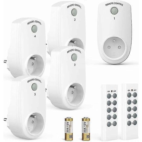 Ensemble de 5 prises électriques programmables, prise télécommandée sans fil avec 2 télécommandes. (1/5)