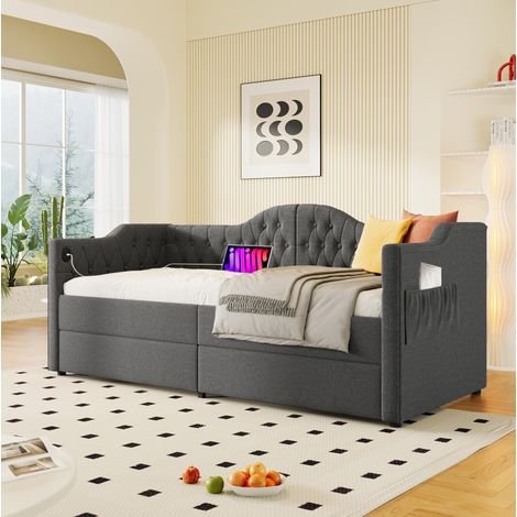 Bett Daybed 90x190 cm grau, Leinenbezug, vintage Kopfteil, 2 Schubladen, USB- und Type-C-Anschluss (1/5)