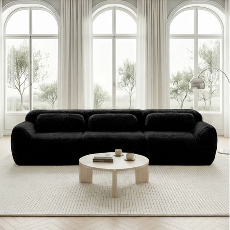 Modulares Ecksofa (291x104x73 cm), rahmenlos, ohne Montage, mit Kissen, Plüschstoff, Schwarz (1/5)