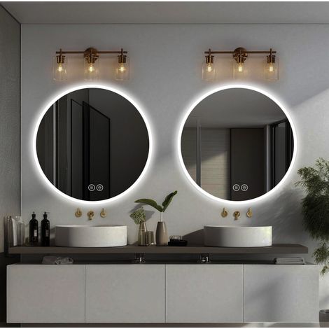 Espejo LED redondo 80 x 80 x 3 cm de vidrio plateado antivaho para baño moderno FloraGrace (1/5)