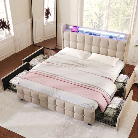 Lit double 160/200 cm beige en bois avec LED, prises et 4 tiroirs (1/5)