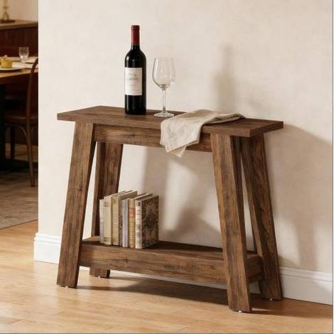 Table console en MDF brun rustique 105 cm, étroite avec 2 niveaux de rangement pour entrée ou derrière canapé (1/5)