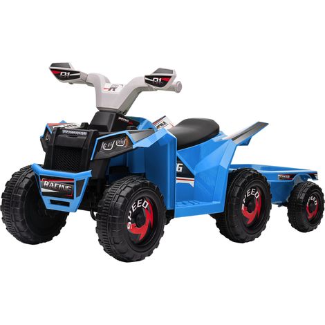 HOMCOM quad eléctrico para niños con remolque, 6V, con motor, velocidad hasta 2,5 km/h, 6 ruedas y manillar antideslizante, azul