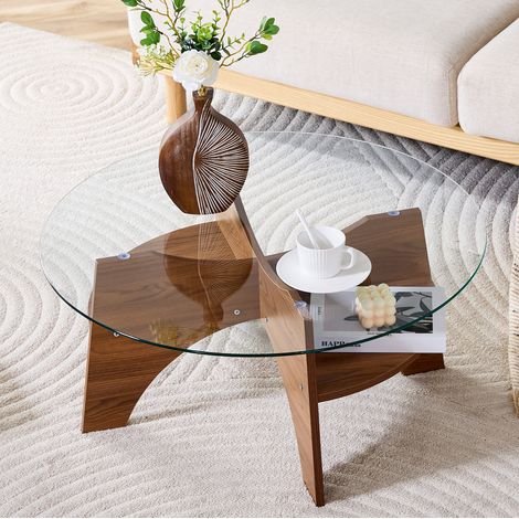 Tavolino rotondo Ø80x36 cm trasparente e noce in MDF e vetro temperato con base a ventaglio (1/5)