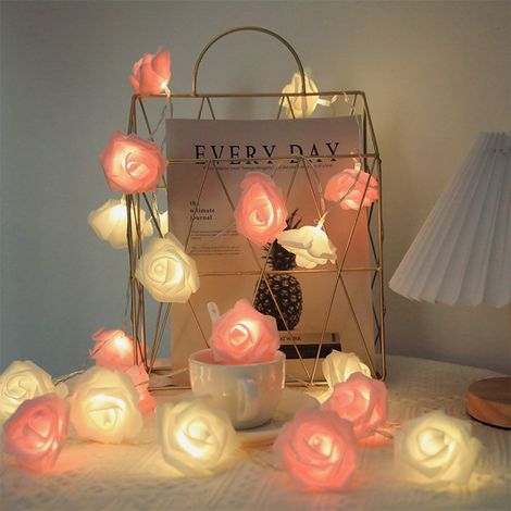 LED-Lichterkette in Form künstlicher Rosen – 6 m, 40 funkelnde, batteriebetriebene LEDs – Ideal für Hochzeiten, Heiratsanträge, Valentinstag, Partys und romantische Atmosphäre – Weiß und Rosa-lsw