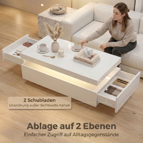 Table basse LED avec rangement, table de salon moderne 2 niveaux, 2 tiroirs, blanc brillant, meuble TV design (1/5)