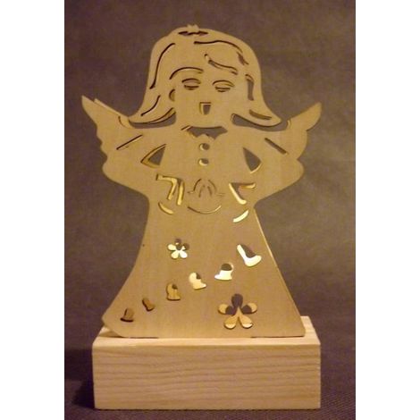 Portacandele a forma di angelo in legno con luce LED bianca, alimentato a batteria.
