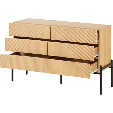 Buffet en MDF naturel à 6 tiroirs avec structure géométrique 3D, pieds en fer noirs, pour salon et salle à manger (1/5)