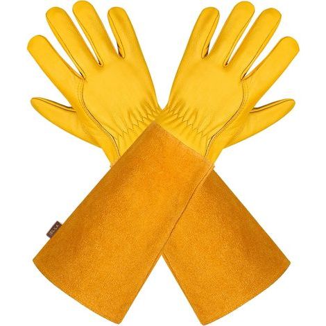 Gants de Jardinage en Cuir Respirant pour Homme et Femme avec Gant Anti-épine, Manches Longues en Cuir de Vache pour Jardinier et Fermier, Jaune L (1/5)