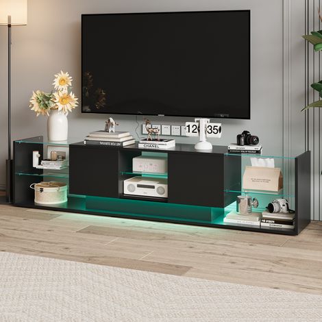 Meuble TV moderne LED,Meuble TV brillant, Meuble TV de salon avec 2 tiroirs, étagères en verre,MDF, 200 x 35 x 45 cm,noir (1/5)