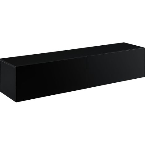 Étagère murale design meuble support TV avec 2 Tiroirs 140 cm noir brillant (1/5)