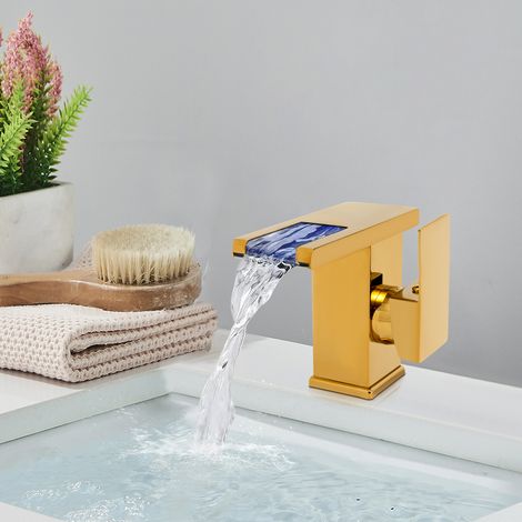 Robinet LED à eau doré – Automatique hydroélectrique, cascade 6×7,5 cm, 3 couleurs (bleu/vert/rouge) – Pour cuisine et salle de bain