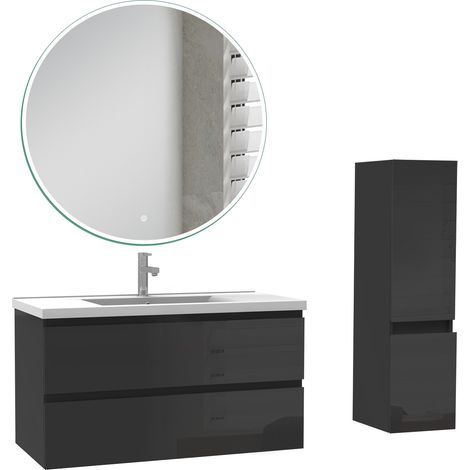 Ocean Ensemble de Meuble salle de bain 99cm + miroir led rond + colonne 110cm, noir Haut Brillant