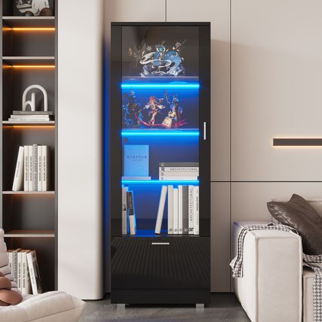 Eifson – Vitrine 50x40x160 cm avec porte vitrée – Éclairage LED 20 couleurs – 3 étagères en verre trempé – Noir brillant pour salon et chambre (1/5)