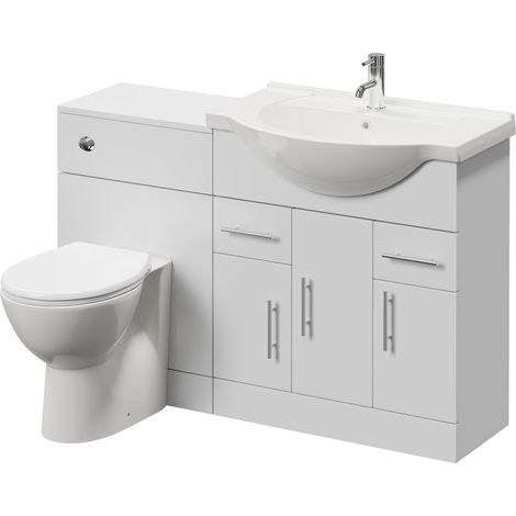 Alexander James Gloss White 1250mm 3 Door Vanity Unit Toilet Suite - 1250mm - Chrome 96mm Knurled Bar HandleJames Toilet Pan and Seat