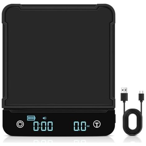 BUNTHAUS Präzisions-Digital-Kaffeewaage 0,1 g/3 kg, wiederaufladbare Küchenwaage mit Timer, LED-Bildschirm und Tara-Funktion, elektronische Touch-Waage mit Silikonmatte in g/oz/ml (schwarz) (1/5)