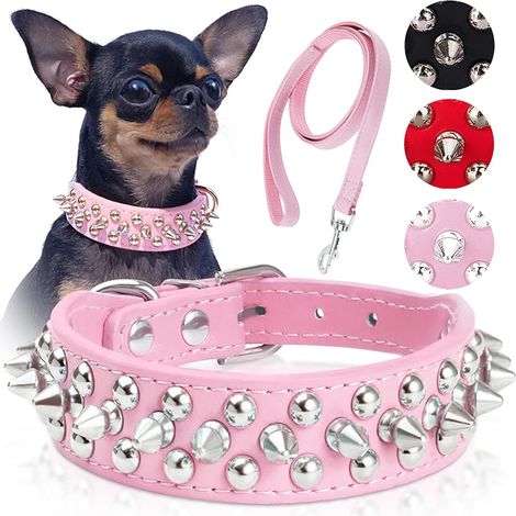 Ensemble Frienhund collier et laisse à pointes/clous (1,2 m) : Collier réglable en cuir PU pour petits chiens et chats, robuste, boucle en métal, protection du cou, style punk, rose, taille XS (21–27 (1/5)