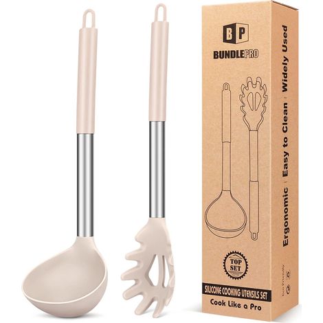 Lot de 2 louches à soupe et cuillères à pâtes en silicone, kaki (1/5)