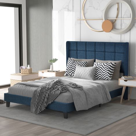 Hauss Spole – Lit adulte et enfant 140x200 cm – Tête de lit en lin bleu rembourrée – Structure métal et bois – Installation facile sans sommier (1/6)