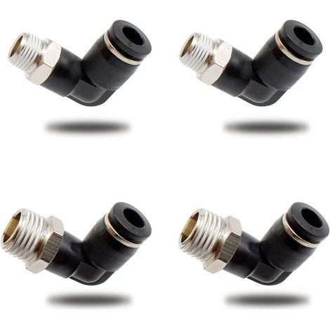 4-teiliges Set pneumatischer Verbinder, zwei verschiedene Modelle (6 mm × 1/4" und 6 mm × 1/8") Schnellkupplungen mit Außengewinde, schwarzer pneumatischer Winkelverbinder, geeignet für Heimwerkerwerk