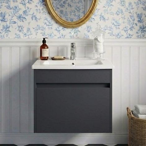 Vitra S50+ Wall Hung 1-Drawer Vanity Unit with Basin 600mm Wide - Anthracite High Gloss