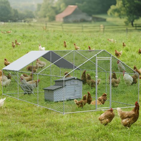 Gallinero exterior 3x6x2 m con cerradura de seguridad, mallas hexagonales y tela PE impermeable, recinto exterior de metal para gallinas, conejos y otros animales pequeños (1/5)