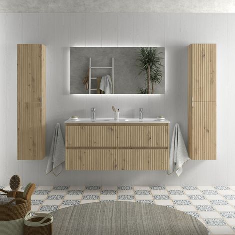 Mueble de Baño KIRA 120cm Roble 4 cajones Lavabo 2 pozas Porcelana (1/5)