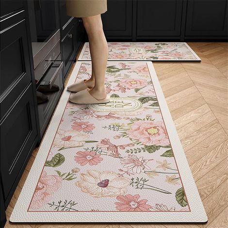 Non-slip Absorbent Diatomite Kitchen Mat, Washable, Flower Style, in Front of Sink, for Shower, Dishes, Bath (Pink, 45x180cm) (1/5)