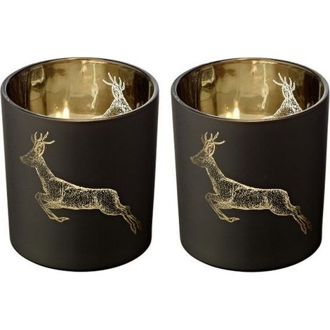 Lot de 2 Photophores Bougeoirs pour Bougie Chauffe-Plat Motif Cerf Noir Mat H 8 cm - PANGIVO (1/2)