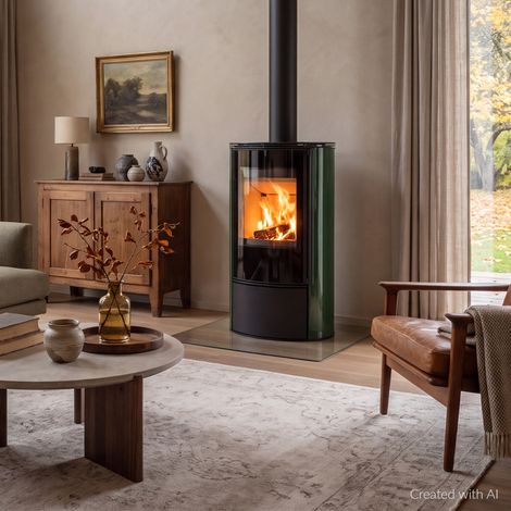 Freistehender Kaminofen ERIK 5,5 kW 150 mm, grüne Kachel, Stahlabdeckung (1/5)