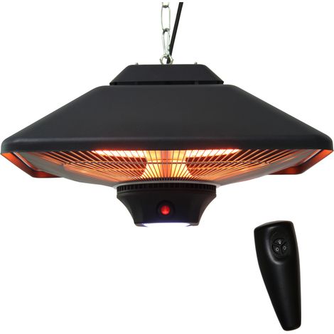 Hanging Electric Patio Heater with 2 Power Settings, 1000/2000W Waterproof Ceiling Mounted Aluminium Halogen Infrared Outdoor Heater Warmer with LED Light Remote Control, Black (1/5)