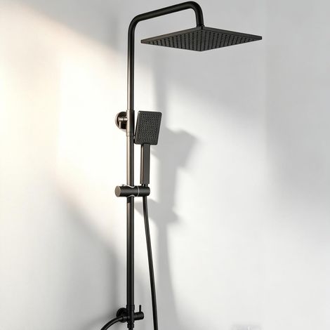 Colonne de Douche sans Mitigeur Noir Mat en Laiton, Colonne Télescopique 65-110cm avec Tête de Douche Carré Pluie 10", Douchette à Main Réglable, Kit pour Baignoire et Salle de Bain (1/5)