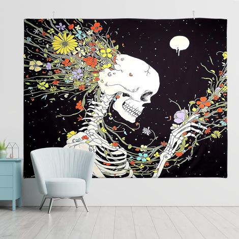 Tapisserie Murales Crâne Tenture Murale Méditation Squelette et Fleurs fantastiques Tapisserie pour Chambre Drap Mural Tapestrie 150x200CM (1/5)