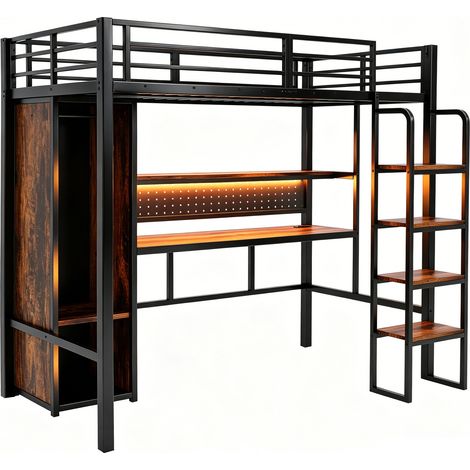 Cama alta de metal 90 x 200 cm negra con escritorio, armario, estante y LED (1/5)