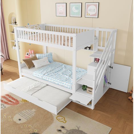 MODFU – Letto a castello per bambini 90x200 cm in pino bianco con letto estraibile 90x190 cm, armadio e scala contenitore – Bianco (1/5)