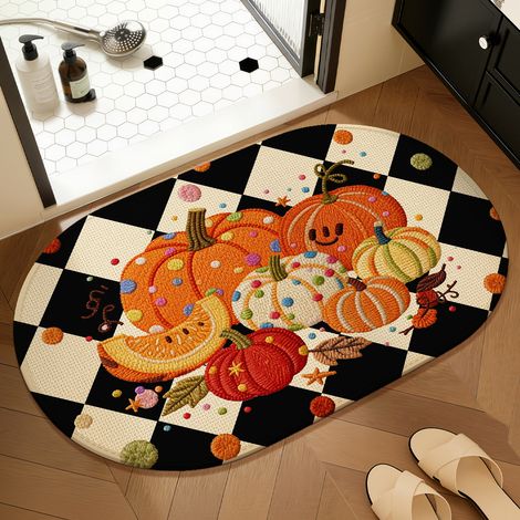 Diatomeenerde-Badematte – Retro-Kürbismotiv, rutschfest, super saugfähig und schmutz- sowie verschleißfest – Oval, 60 x 90 cm – Ideal für das Badezimmer-lsw