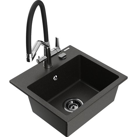 Mexen Milo 1-Becken-Granitspüle mit Mischbatterie Duo, Schwarz/Gold metallisch - 6505-75-671701-07-B