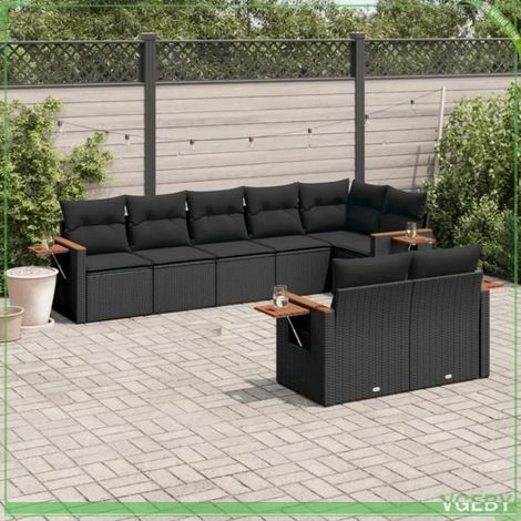 Salon de jardin 8 pcs - FAF7291712422744 - Résine tressée noir - Accoudoirs acacia - Rangement sous assise (1/3)