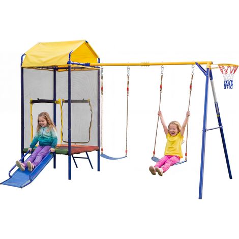Aire de jeux extérieure 4-en-1 avec trampoline, double balançoire, toboggan, panier de basket et filet de sécurité, structure en fer pour jardin – CHICFURN (1/5)