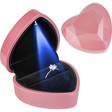 Caja para anillos de terciopelo con forma de corazón con luz LED, joyero para bodas, compromisos, pedidas de mano, cumpleaños y aniversarios - Rosa (1/5)