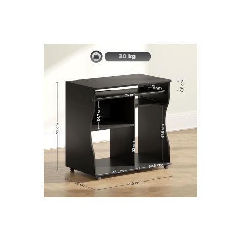 Bureau informatique noir sur roulettes avec tablette pour clavier et étagère pour le bureau, la chambre et le télétravail (1/5)