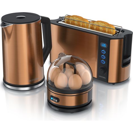 Arendo - Wasserkocher mit Toaster und Eierkocher SET Edelstahl Kupfer Wasserkocher 1,5L 40° - 100°C, Toaster 2 Scheiben LED-Display 6 Bräunungsgrade (1/5)