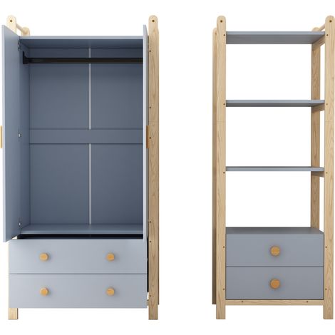 Armario combinado infantil con barra para colgar y cajones, madera y MDF azul natural, 180,5 cm (1/5)